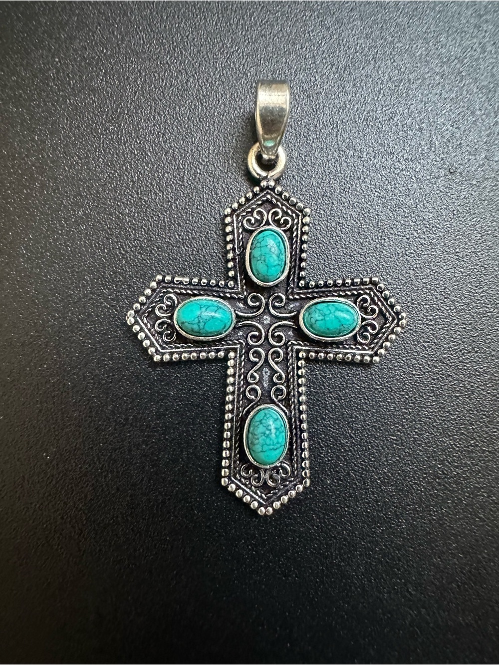 Turquoise Gemstone Handmade Cross 2” Pendant stamped 925 silver